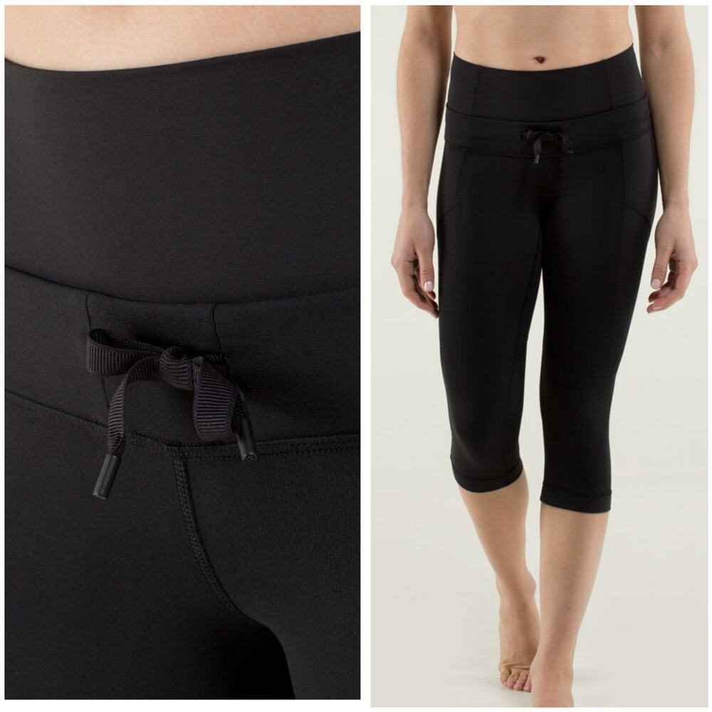 LULULEMON Black Bhakti Yoga Crop Leggings Drawstring Waist  | 2